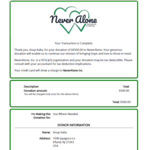 Donation to Never Alone Foundation Food Pantry