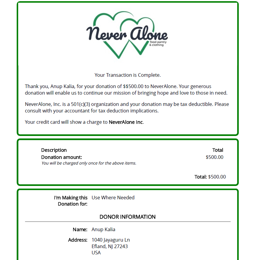 Donation to Never Alone Foundation Food Pantry